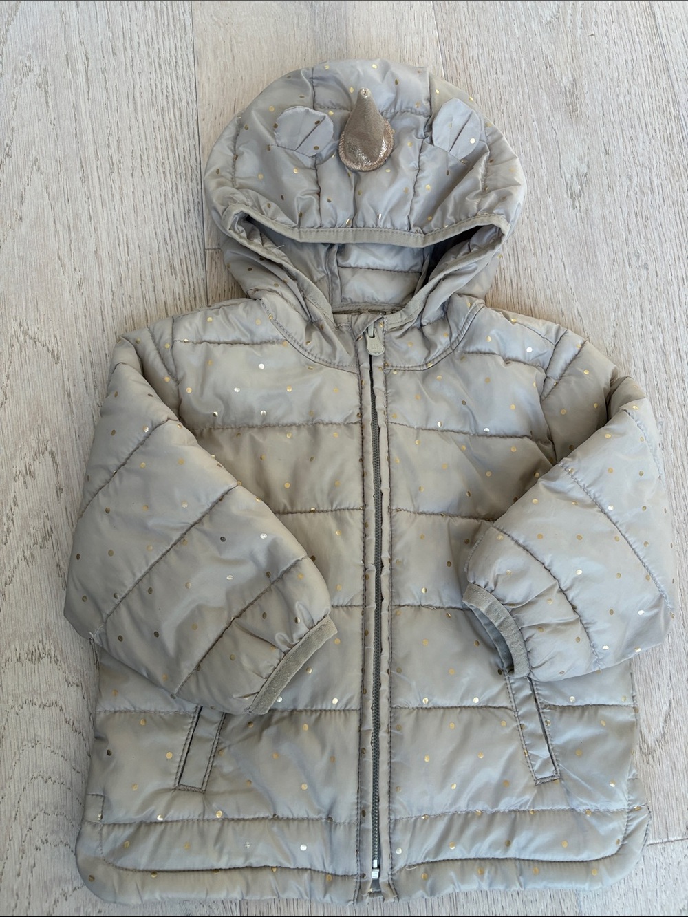 GAP Unicorn Light Gray Hooded Puffer Jacket with Metallic Dots